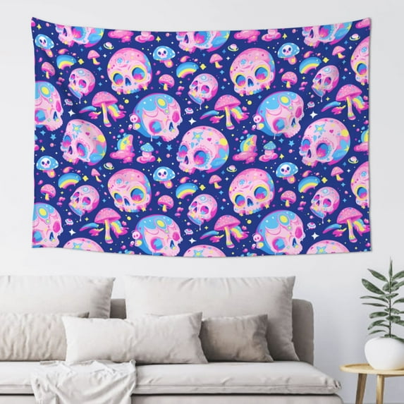 Easygdp colorful Skull mushroom rainbow Tapestry Wall Hanging, Wall Tapestries for Bedroom Aesthetic Living Room Office Decor 60x40in
