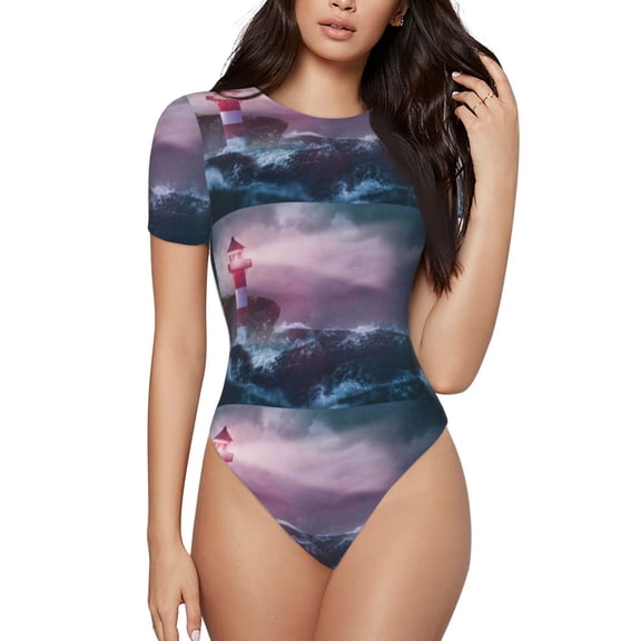Easygdp lighthouse Waves Torrential Rain Women's One-Piece Swimsuit Slim Fit Crew Neck Bodysuit Athletic Swimwear with Concealed Buckle - Large