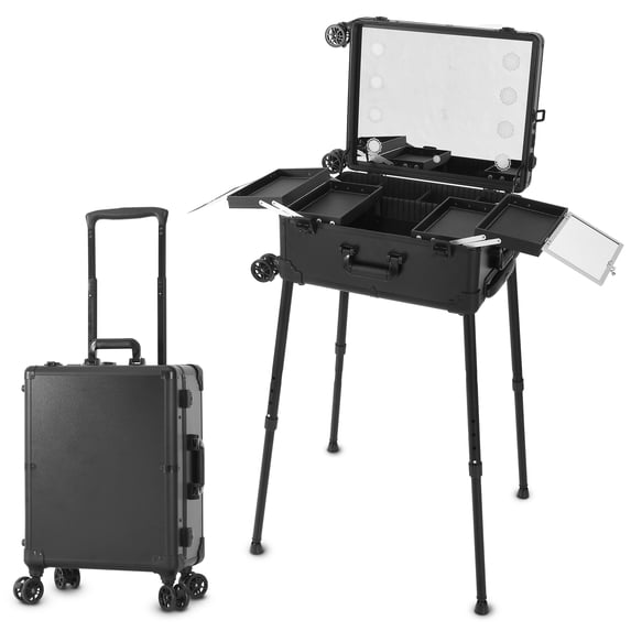 EasyinBeauty LED Light Rolling Make-up Box Hidden Bracket Storage Trolley Case with Key Lock