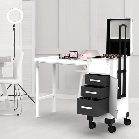 EasyinBeauty Rolling Portable Manicure Table with 3 Drawers& 2-section Telescopic Rod, Mirror & Nail Polish Organizer-White