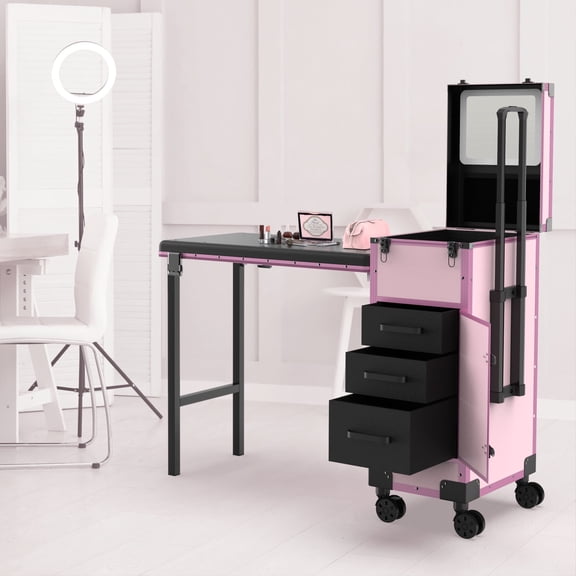 EasyinBeauty Rolling Portable Manicure Table with 3 Drawers& 2-section Telescopic Rod, Mirror & Nail Polish Organizer
