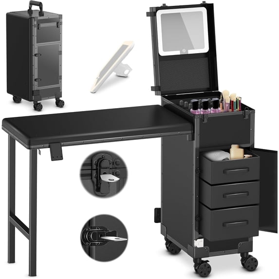 EasyinBeauty Rolling Portable Manicure Table with 3 Drawers, Lockable Makeup Train Case with Foldable Nail Desk