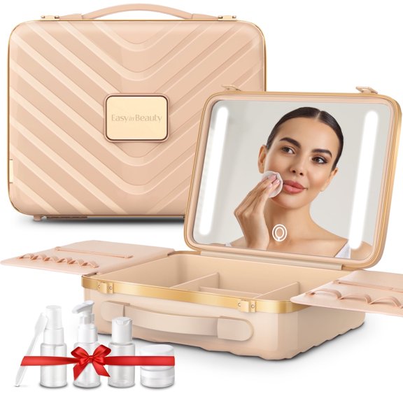 EasyinBeauty Travel Makeup Case with Lighted Mirro- Pink