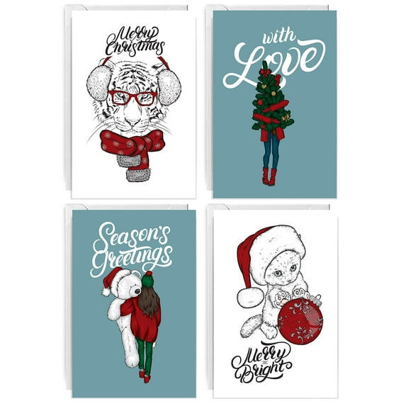 Easykart 24 Christmas Cards with Envelopes White & Blue Assorted Designs , 6.75 x 4.5 inch Size