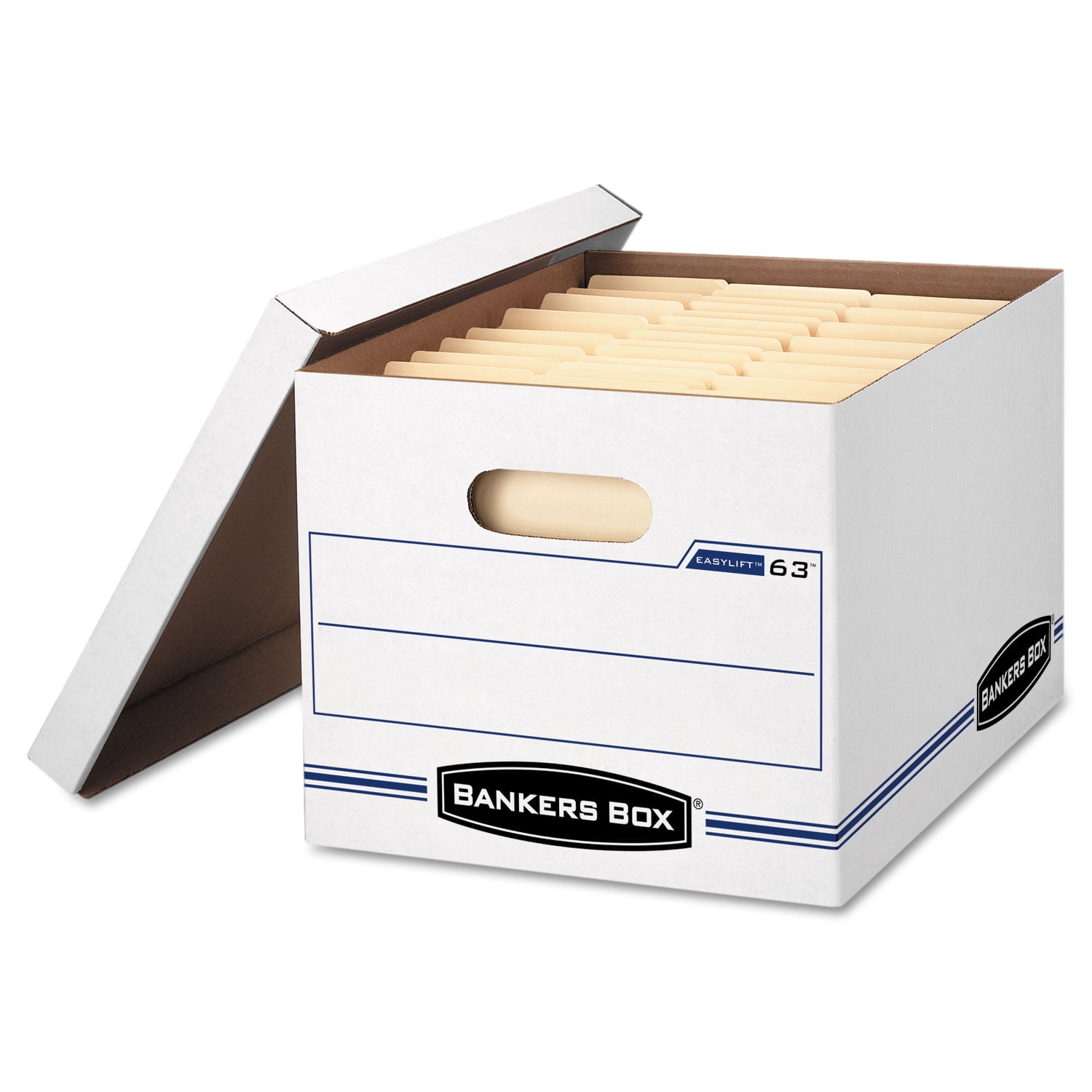 White and Blue Medium-Duty Stackable File Storage Box with Lift-Off Lid