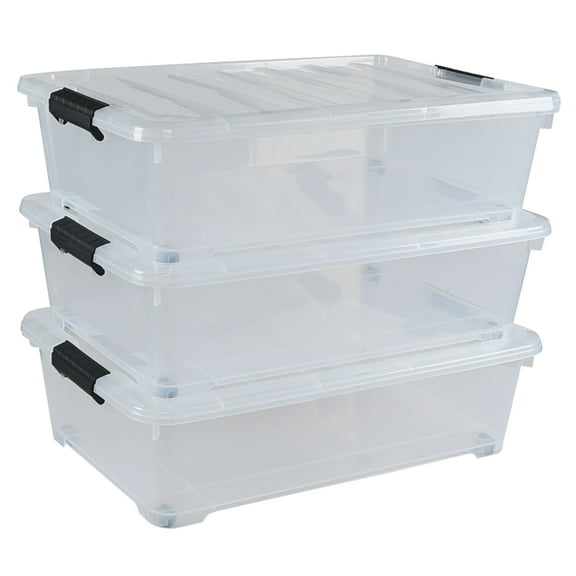 Easymanie 25 L Plastic Under Bed Storage Container, Clear Underbed Latching Storage Box with Wheels, 3-Pack