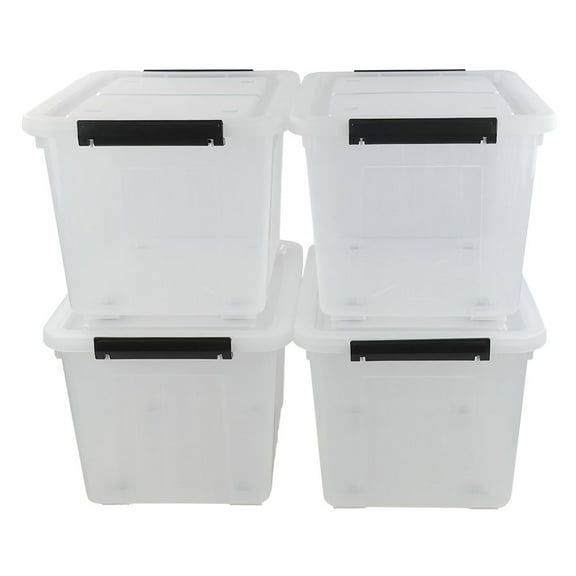 Easymanie 30 Liter Storage Container Bins with Wheels, Clear Plastic Lidded Organizer Boxes, 4 Pack