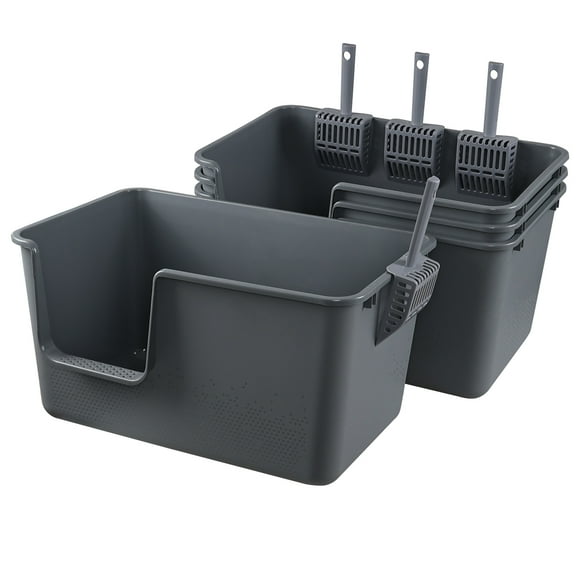 Easymanie 4 Pack High Sides Cat Litter Boxes with Scoops, Large Plastic Open Top Litter Pan, Gray