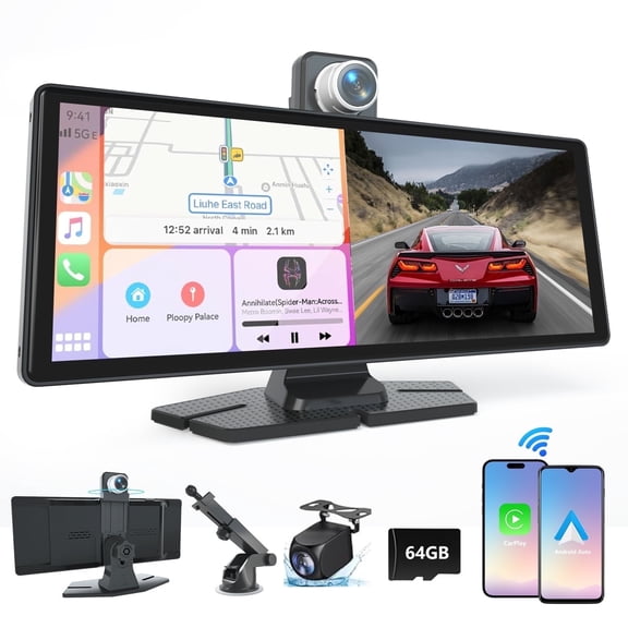 Easyonlife 10.26" Wireless Carplay Screen for Car with Dashcam and Backup Camera, Portable Apple Android Auto Car Play with GPS, Voice Control, Mirror Link, Bluetooth for Vehicles