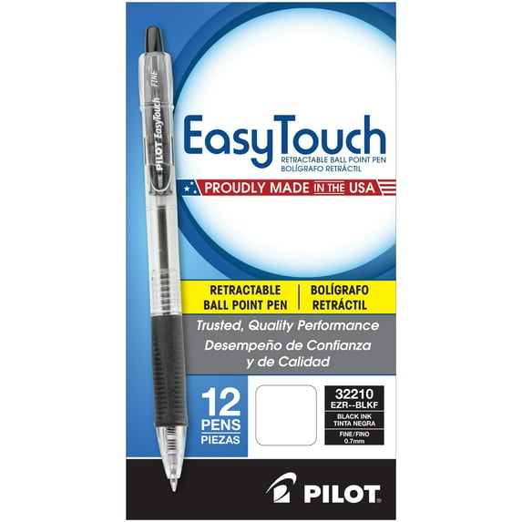 Pilot Easy Touch Retractable Ballpoint Pens, Fine Point, 0.7 mm, Black Ink, 12 Pack
