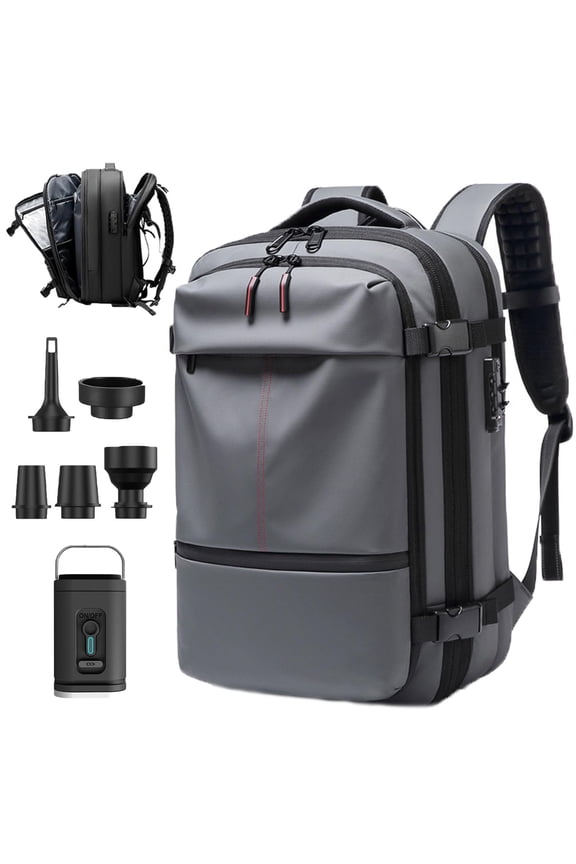 Easyvacpack USA Carry On, 60l Expandable Vacpack Backpack with Pump, Anti Theft, Vacuum Travel Backpacks, Flight Approved (Gray)