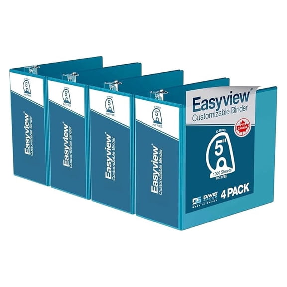 Easyview Premium 3-Ring Binders with Clear-View Covers and D Rings, Binders for School or Office, 5 Inch, Pack of 4, Turquoise