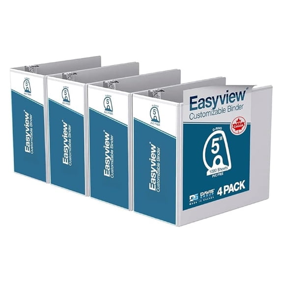 Easyview Premium 3-Ring Binders with Clear-View Covers and D Rings, Binders for School or Office, 5 Inch, Pack of 4, White