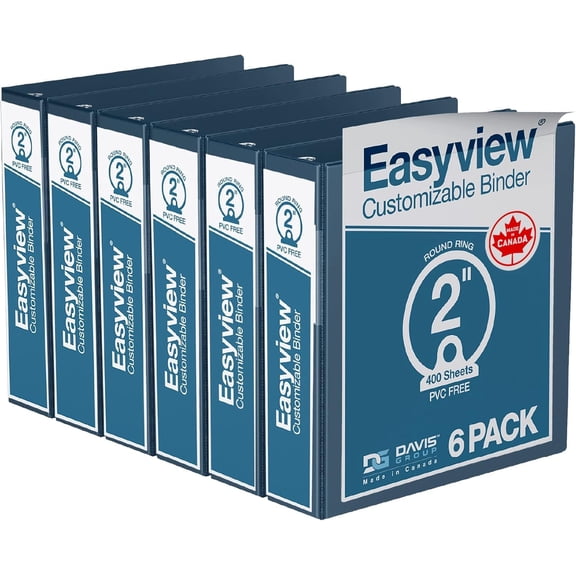 Easyview Premium 3-Ring Binders with Clear-View Covers and Round Rings, Binders for School or Office, 2 Inch, Pack of 6, Navy Blue