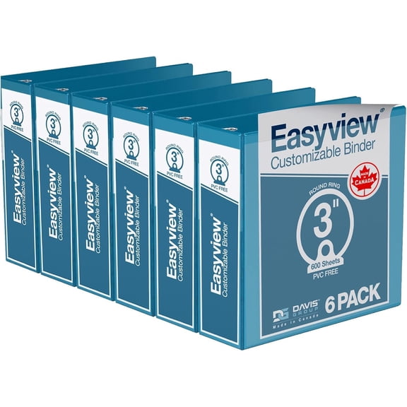 Easyview Premium 3-Ring Binders with Clear-View Covers and Round Rings, Binders for School or Office, 3 Inch, Pack of 6, Turquoise Blue