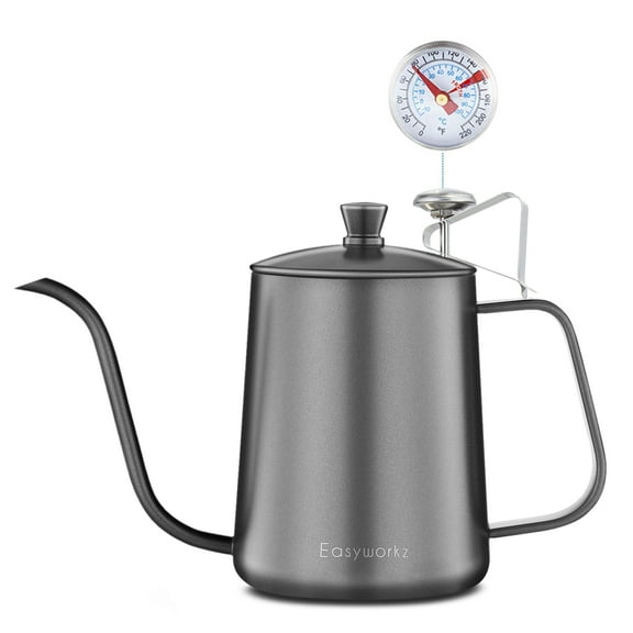 Easyworkz Gage Gooseneck Pour Over Coffee Kettle 20 oz Stainless Steel Hand Drip Coffee Pot with Thermometer, Black