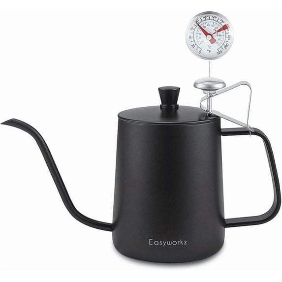 Easyworkz Gage Gooseneck Pour Over Coffee Kettle 20 oz with Thermometer Stainless Steel Hand Drip Coffee Pot With Long Narrow Spout