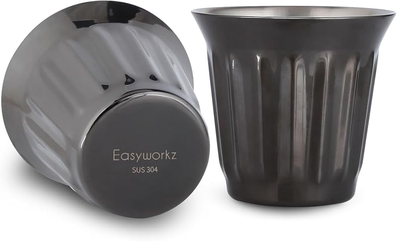 Easyworkz Stainless Steel Double-Wall Espresso Cups 5 oz Set of 2, Vertical Stripe Design, Gunmetal