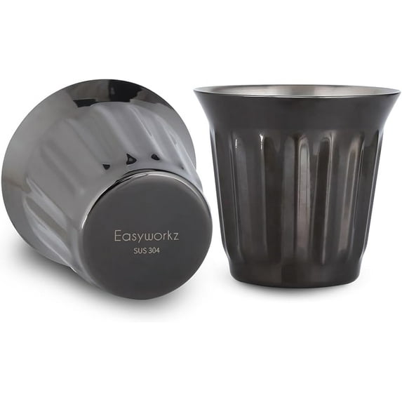 Easyworkz Stainless Steel Double-Wall Espresso Cups 5 oz Set of 2, Vertical Stripe Design, Gunmetal