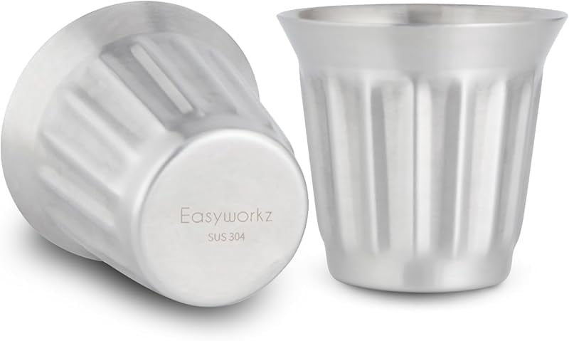 Easyworkz Stainless Steel Double-Wall Espresso Cups 5 oz Set of 2, Vertical Stripe Design, Gunmetal