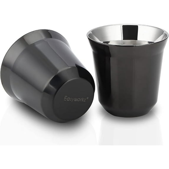 Easyworkz Stainless Steel Espresso Cup 2pcs Set Double Wall Insulated Metal Demitasse Cups 2.5 oz