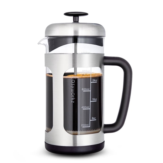Easyworkz Stainless Steel French Press 34 oz Coffee Tea Maker Cafetiere with Borosilicate Glass, Soft Grip Handle