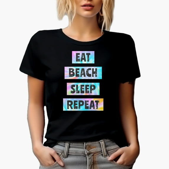 Eat, Beach, Sleep, Repeat, Tie Dye Art, Summer Merch Gift, Black T-Shirt, Small