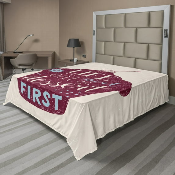 Ambesonne Saying Flat Sheet, Sketchy Cherry Top Cupcake, California King, Pale Eggshell Raspberry