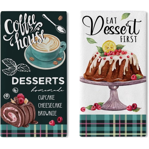 Eat Dessert First Kitchen Dish Towels Set of 2, Coffee House Drying Hand Towels Cupcake Cheesecake Brownie Baking Cooking Cloth, Plaid Farmhouse Home Kitchen Decoration 18 x 26 Inch