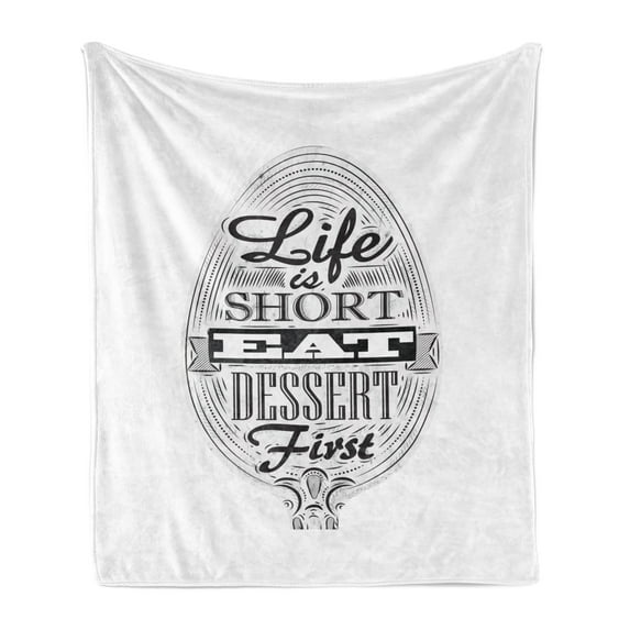 Eat Dessert First Soft Flannel Fleece Blanket, Life is Short Food Inspired Words on Spoon Retro Chalk Board, Cozy Plush for Indoor and Outdoor Use, 70" x 90", Charcoal Grey and White, by Ambesonne