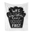 thumbnail image 1 of Eat Dessert First Soft Flannel Fleece Blanket, Life is Uncertain Happy Food Themed Typography on Abstract Cake, Cozy Plush for Indoor and Outdoor Use, 50" x 70", Charcoal Grey White, by Ambesonne, 1 of 5