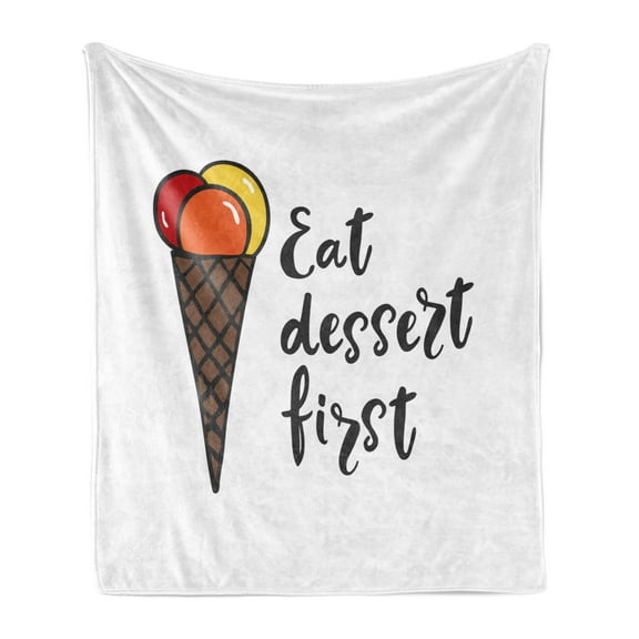 Eat Dessert First Soft Flannel Fleece Throw Blanket, Food Words with Colorful Scoops of Ice Cream on Waffle Cone Cartoon, Cozy Plush for Indoor and Outdoor Use, 70" x 90", Multicolor, by Ambesonne