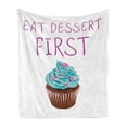 thumbnail image 1 of Eat Dessert First Soft Flannel Fleece Throw Blanket, Simple Lettering Words and Realistic Drawn Tasty Cupcake Print, Cozy Plush for Indoor and Outdoor Use, 50" x 60", Multicolor, by Ambesonne, 1 of 6