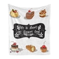 thumbnail image 1 of Eat Dessert First Soft Flannel Fleece Throw Blanket, Vintage Patisserie Themed Various Desserts Doodle and Food Words Image, Cozy Plush for Indoor and Outdoor Use, 70" x 90", Multicolor, by Ambesonne, 1 of 5