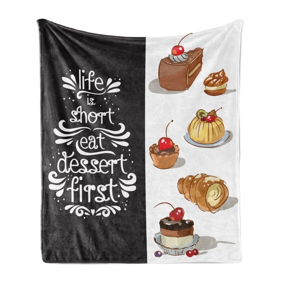Eat Dessert First Soft Flannel Fleece Throw Blanket, Vintage Style Hand Drawn Different Dessert Doodles Patisserie, Cozy Plush for Indoor and Outdoor Use, 50" x 70", Multicolor, by Ambesonne