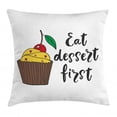 thumbnail image 1 of Eat Dessert First Throw Pillow Cushion Cover, Cartoonish Design Cherry Top Cupcake with Tiny Hearts and Calligraphy, Decorative Square Accent Pillow Case, 24" X 24", Multicolor, by Ambesonne, 1 of 2