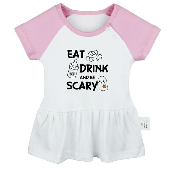 Eat Drink And Be Scary Funny Dresses For Baby, Newborn Babies Skirts, Infant Princess Dress, 0-24M Kids Graphic Clothes (Pink Raglan Dresses, 0-6 Months)