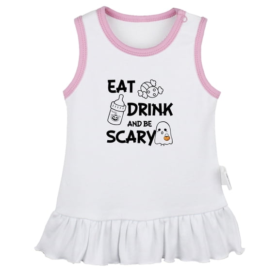 Eat Drink And Be Scary Funny Dresses For Baby, Newborn Babies Skirts, Infant Princess Dress, 0-24M Kids Graphic Clothes (White Sleeveless Dresses, 0-6 Months)