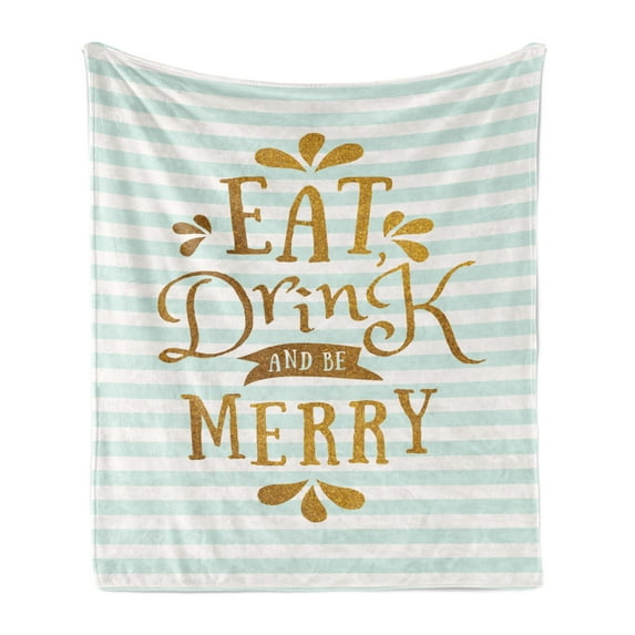 Eat Drink and Be Merry Soft Flannel Fleece Blanket, Christmas Typography Greeting Tradition Western Holiday, Cozy Plush for Indoor and Outdoor Use, 70" x 90", Ginger Mint Green White, by Ambesonne