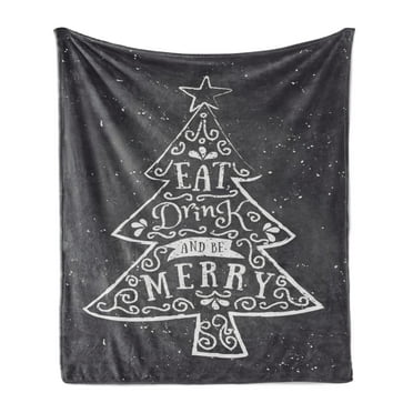 Eat Drink and Be Merry Soft Flannel Fleece Throw Blanket, Christmas Pine Tree Ornamet on Chalkboard Background Print, Cozy Plush for Indoor and Outdoor Use, 60" x 80", Grey and Coconut, by Ambesonne