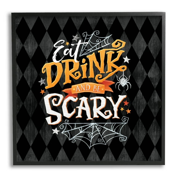 Eat Drink Be Scary Halloween Pattern Holiday Graphic Art Black Framed Art Print Wall Art