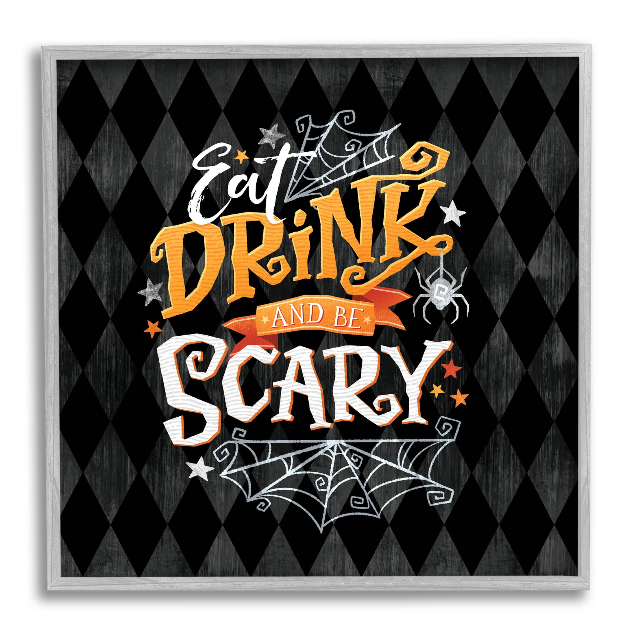 Eat Drink Be Scary Halloween Pattern Holiday Graphic Art Gray Framed Art Print Wall Art