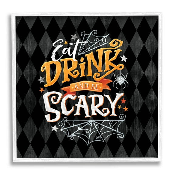 Eat Drink Be Scary Halloween Pattern Holiday Graphic Art White Framed Art Print Wall Art