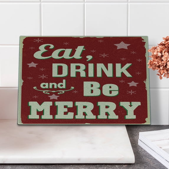 Eat Drink and Be Merry Cutting Board, Christmas Theme Noel Typography on Stars Snowflake Background, Decorative Tempered Glass Cutting and Serving Board, Small Size, Beige Green, by Ambesonne