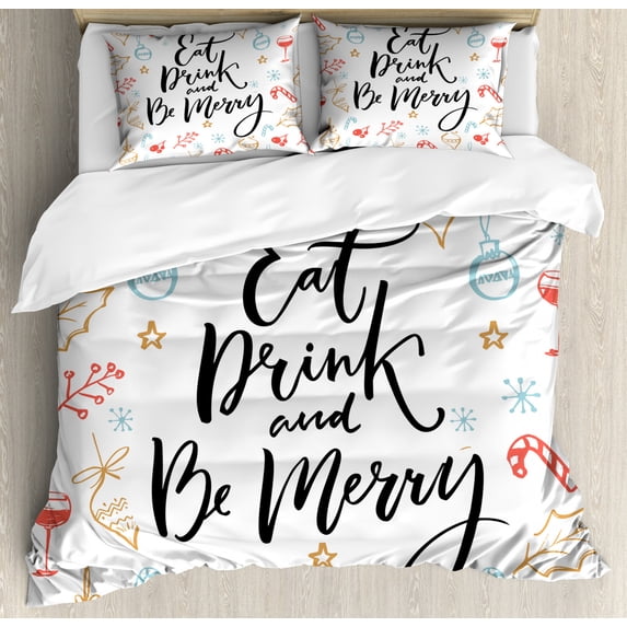 Eat Drink and Be Merry Duvet Cover Set King Size, Christmas Celebration Quote Mistletoe Pine Branch Bells Snowflakes, Decorative 3 Piece Bedding Set with 2 Pillow Shams, Multicolor, by Ambesonne