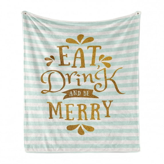 Eat Drink and Be Merry Soft Flannel Fleece Blanket, Christmas Typography Greeting Tradition Western Holiday, Cozy Plush for Indoor and Outdoor Use, 50" x 60", Ginger Mint Green White, by Ambesonne