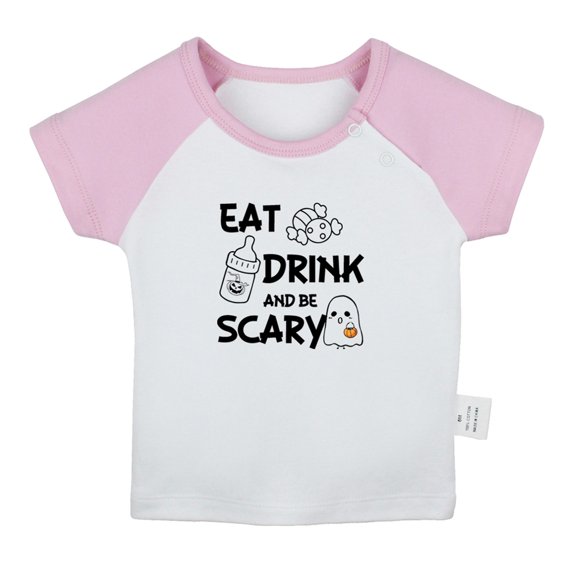 Eat Drink And Be Scary Funny T shirt For Baby, Newborn Babies T-shirts, Infant Tops, 0-24M Kids Graphic Tees Clothing (Short Pink Raglan T-shirt, 0-6 Months)