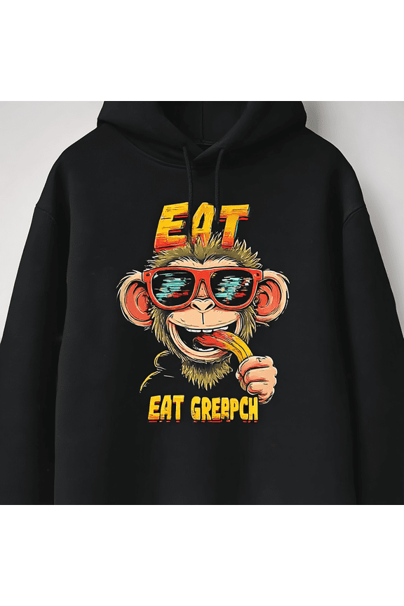 Eat Glitch Repeat Funny Monkey Graphic Hoodie - Unisex Oversized Retro Y2K Streetwear Soft Cotton Blend Black Casual Sweatshirt
