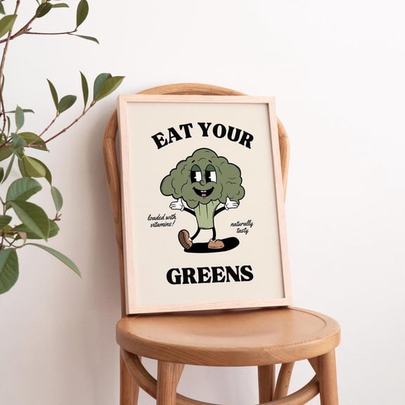 Eat Your Greens Print, Retro Kitchen Wall Art, Vegetable Poster, Playful Food Print, Cartoon Broccoli Decor,, Unframed Canvas Size 16x24 F03.1.14l1401