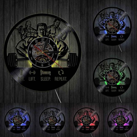 Eat Lift Sleep Repeat Mens Fitness GYM Inspirational Quote Workout Wall Clock Muscle Men Bodybuilding Vinyl Record Wall Clock With LED